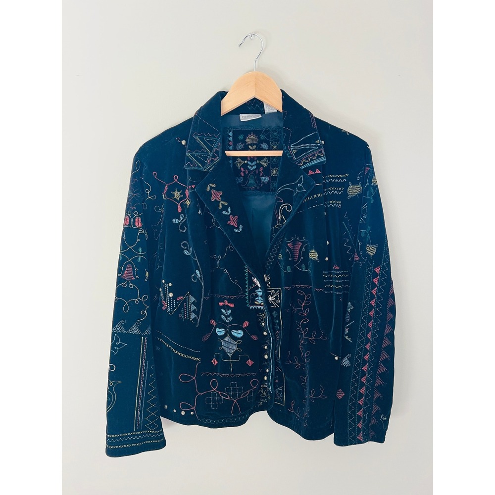 Chicos Black Velvet Embroidered Blazer Jacket Boho Multi Color Studded Size 1